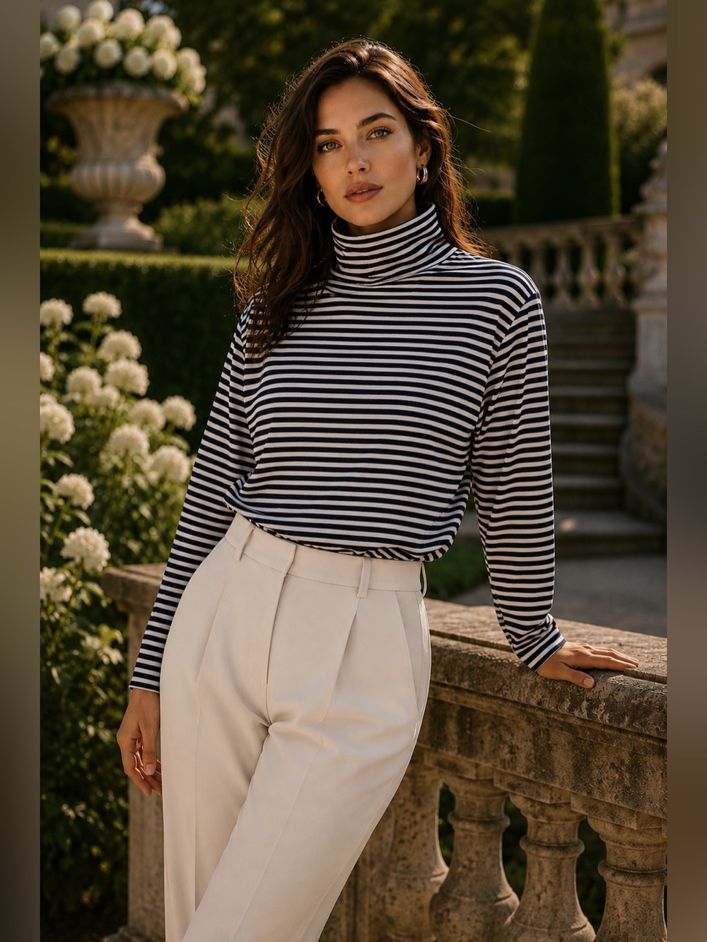 L.L. Bean Navy and White Striped Turtleneck Long-Sleeve Tee